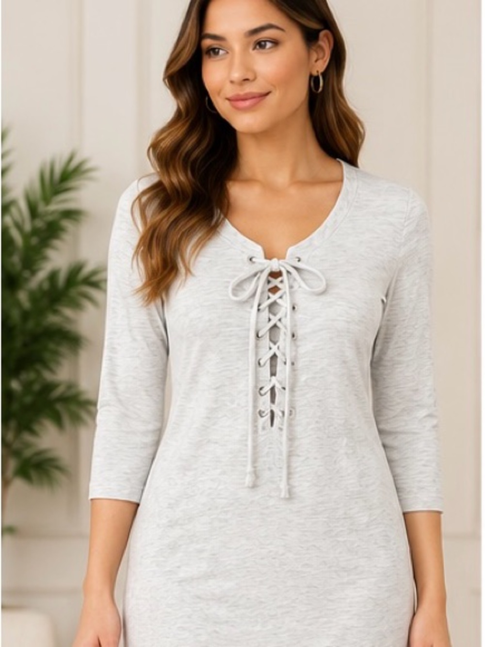 Free People Lace-Up V-Neck Tunic in Light Gray